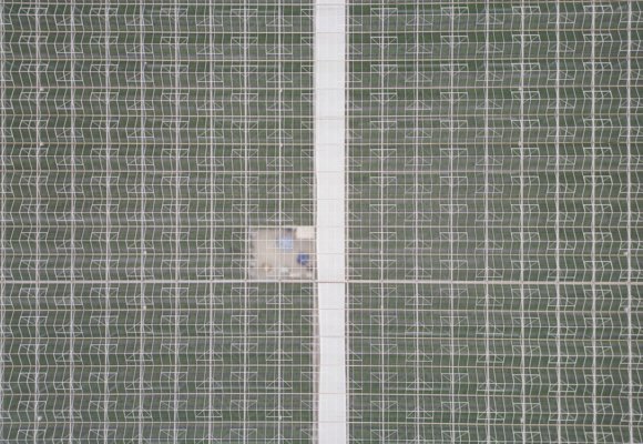 Aerial view of a greenhouse with grid structure, central path, and protective netting.