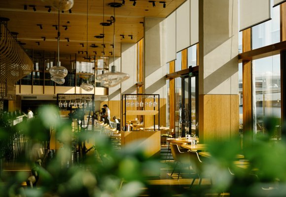 Modern smart sustainable hotel building interior with large windows, wood accents, and lush green plants.