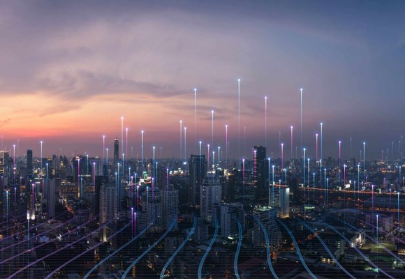 modern urban city skyline with buildings embracing digital transformation and smart technology at dusk